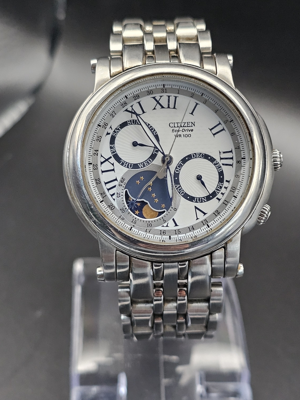 Citizen Men's Eco-Drive Silver Multi-Function Watch with Blue Moonphase Dial